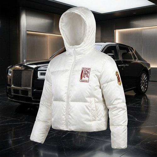FOREVER REDD WOMEN'S WHITE PUFFER - Luxury Rolls Royce editorial shot
